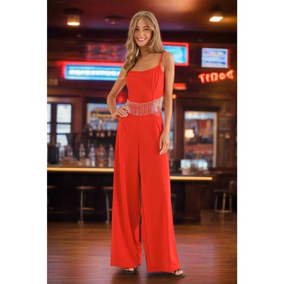 Rhinestone Fringe Cut Out Side Open Back Jumpsuit - Picture 1 of 7
